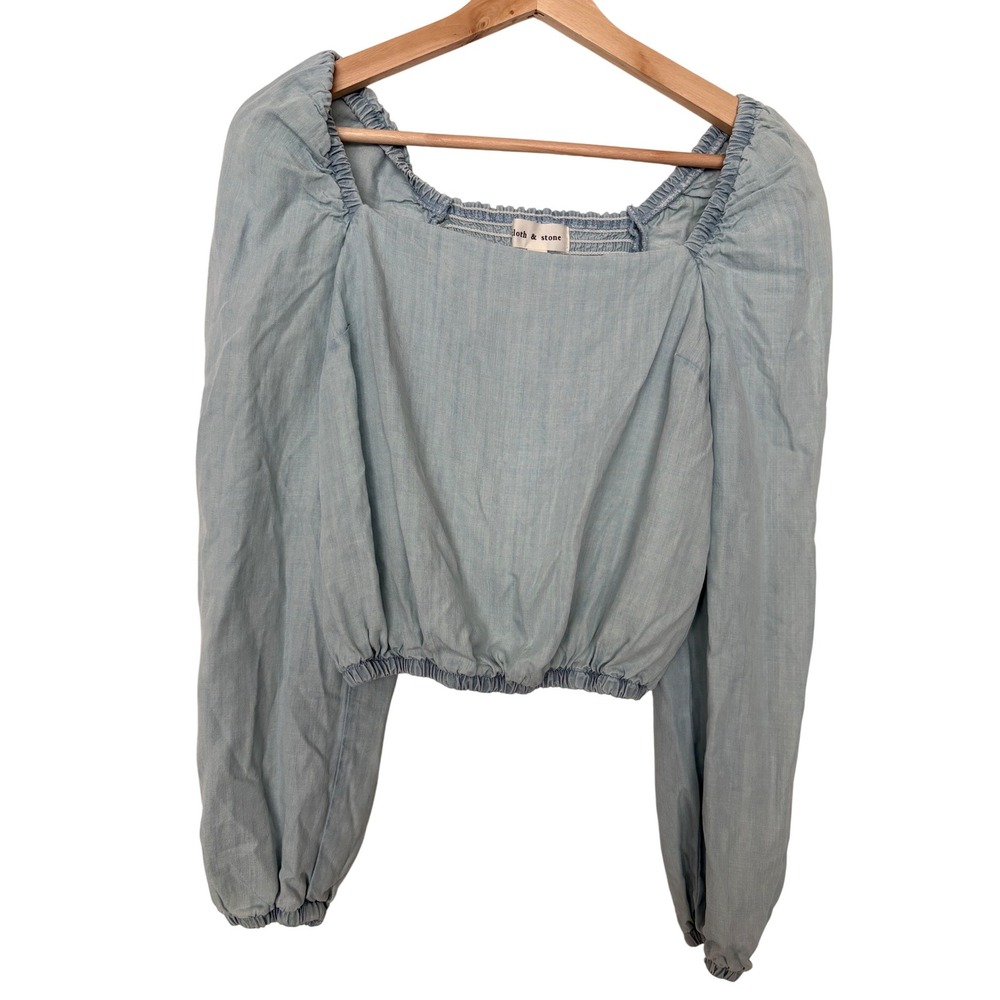 Cloth & Stone Blue Peasant Farmcore Cottage Crop Puff Sleeve Smocked Square Neck